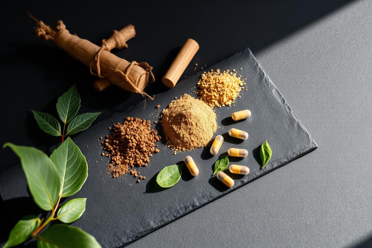 Herbal ingredients used in Zytenz Male Enhancement including ginseng root, maca powder and capsules
