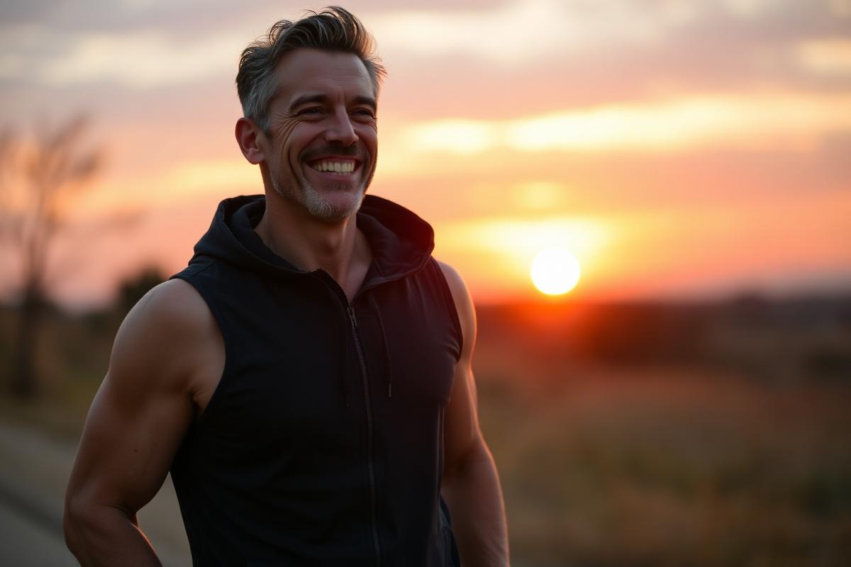 Confident, energetic man in his forties outdoors at sunrise